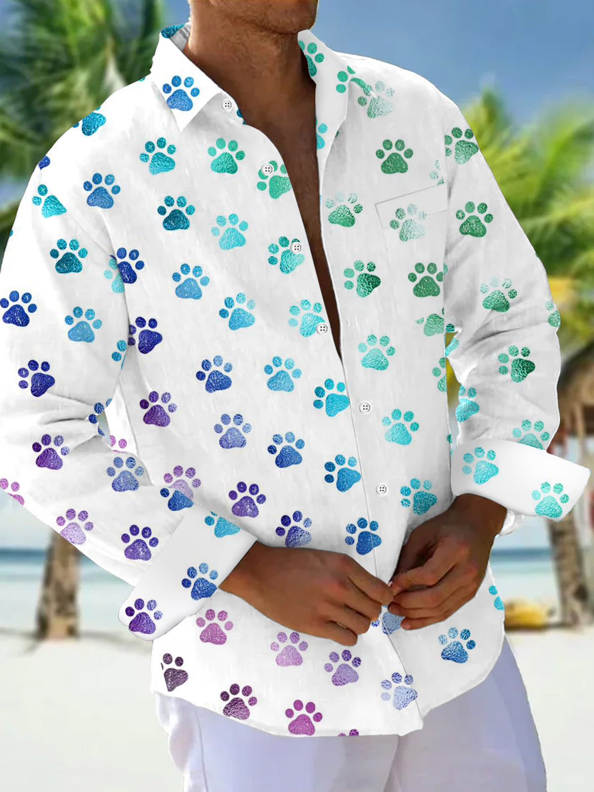 Dog Paw Print Long Sleeve Men's Shirts With Pocket