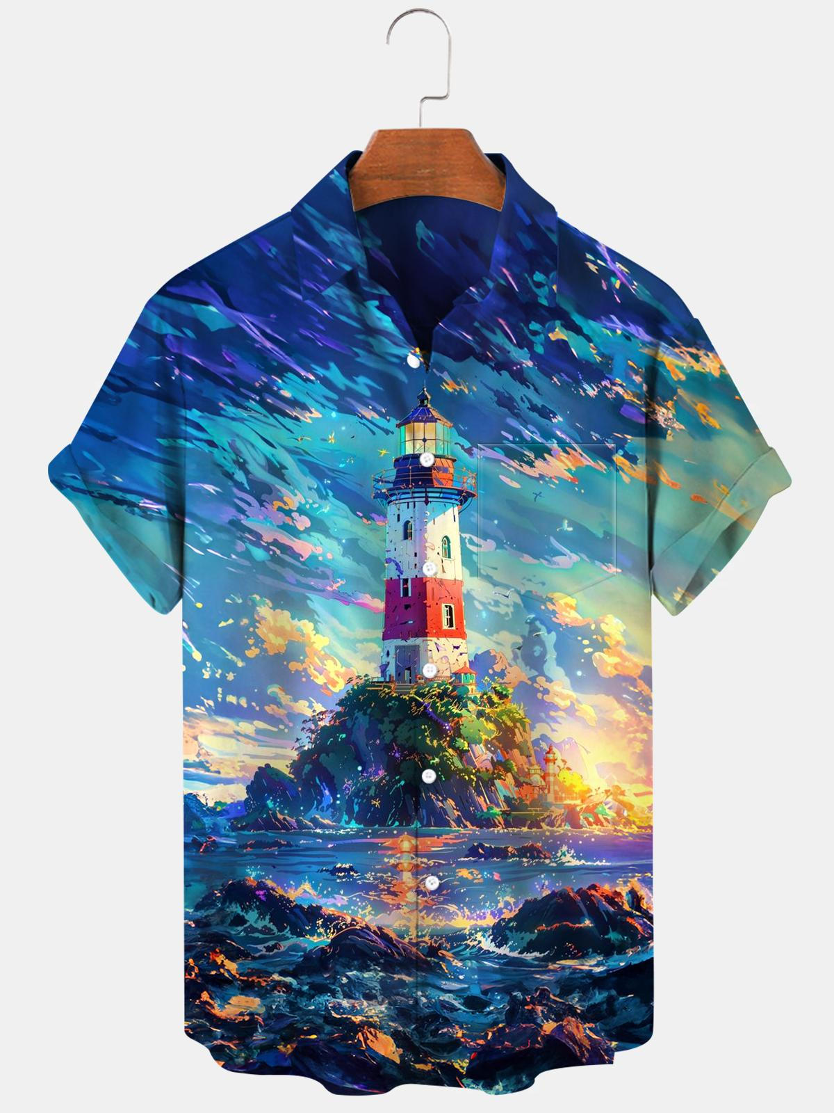 Lighthouse Short Sleeve Men's Shirts With Pocket