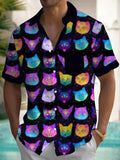 Cat Print Short Sleeve Men's Shirts With Pocket