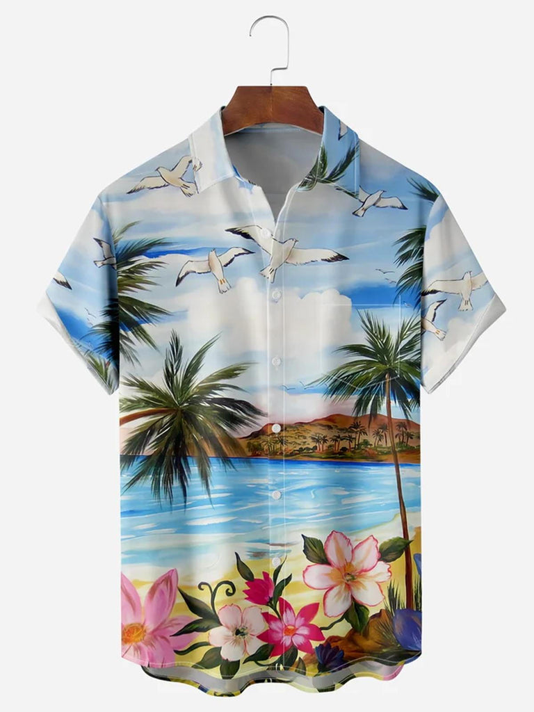 Hawaiian Coconut Tree Beach Flower Men's Shirts With Pocket – adaychic