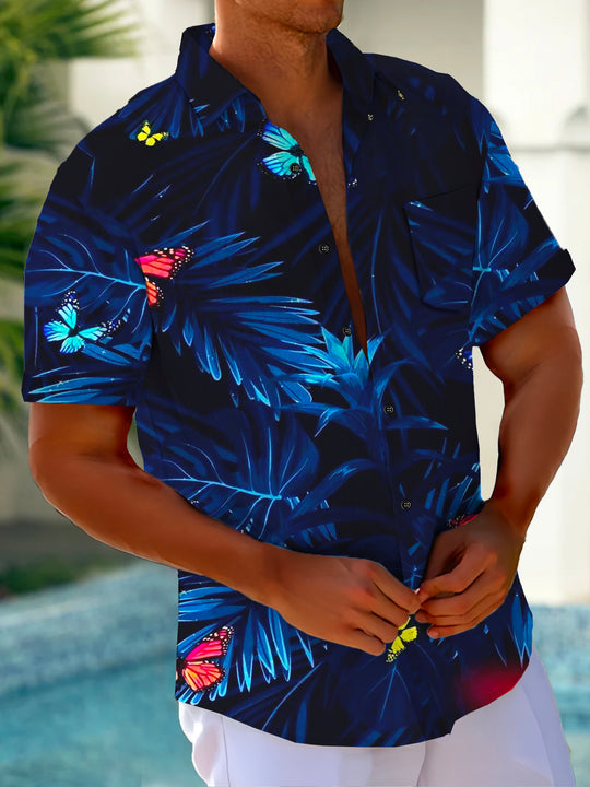 Men's casual retro Hawaiian short sleeve shirt front view for tropical beach vacation