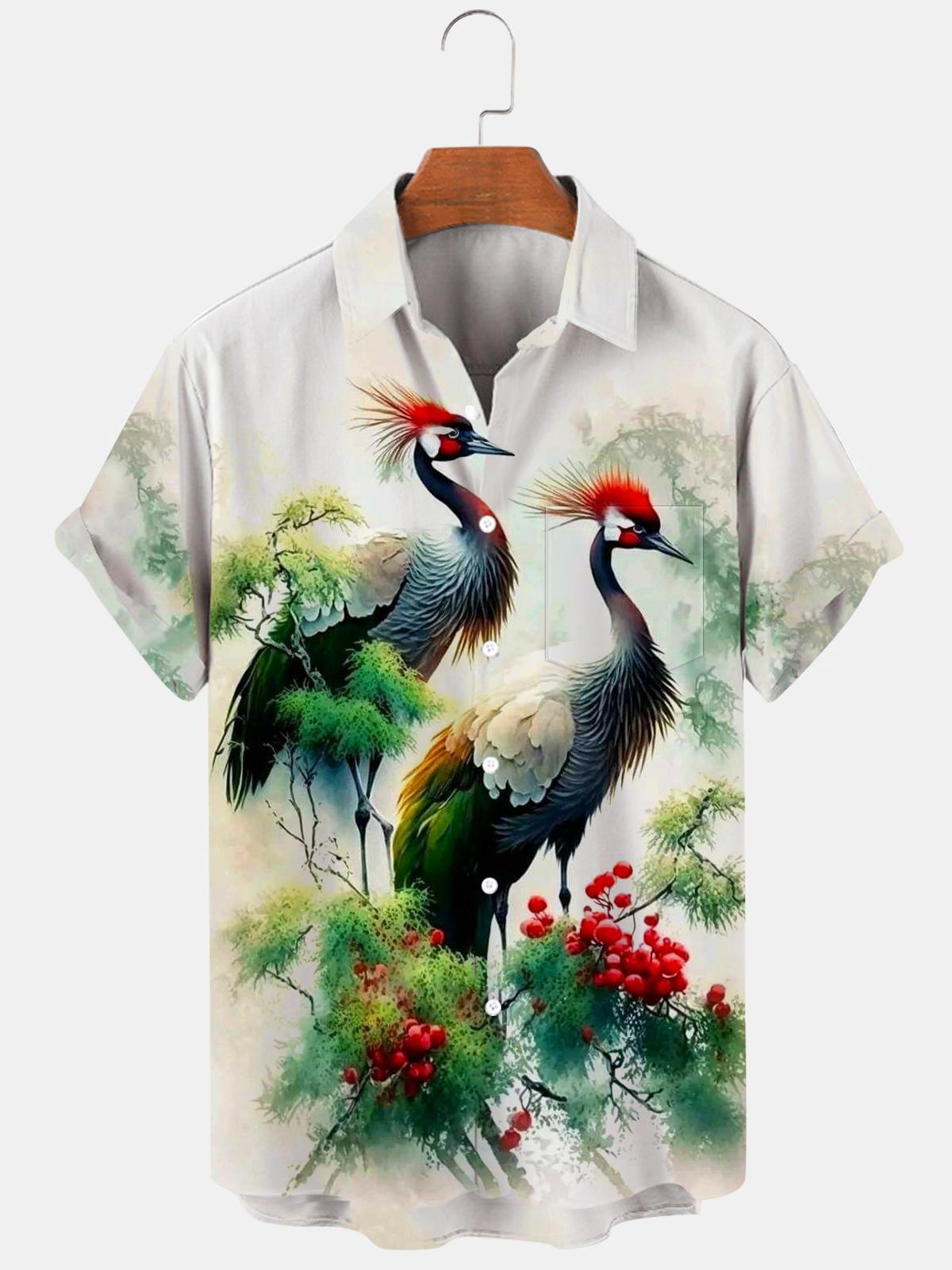 Bird Crane Tree Men's Shirts With Pocket