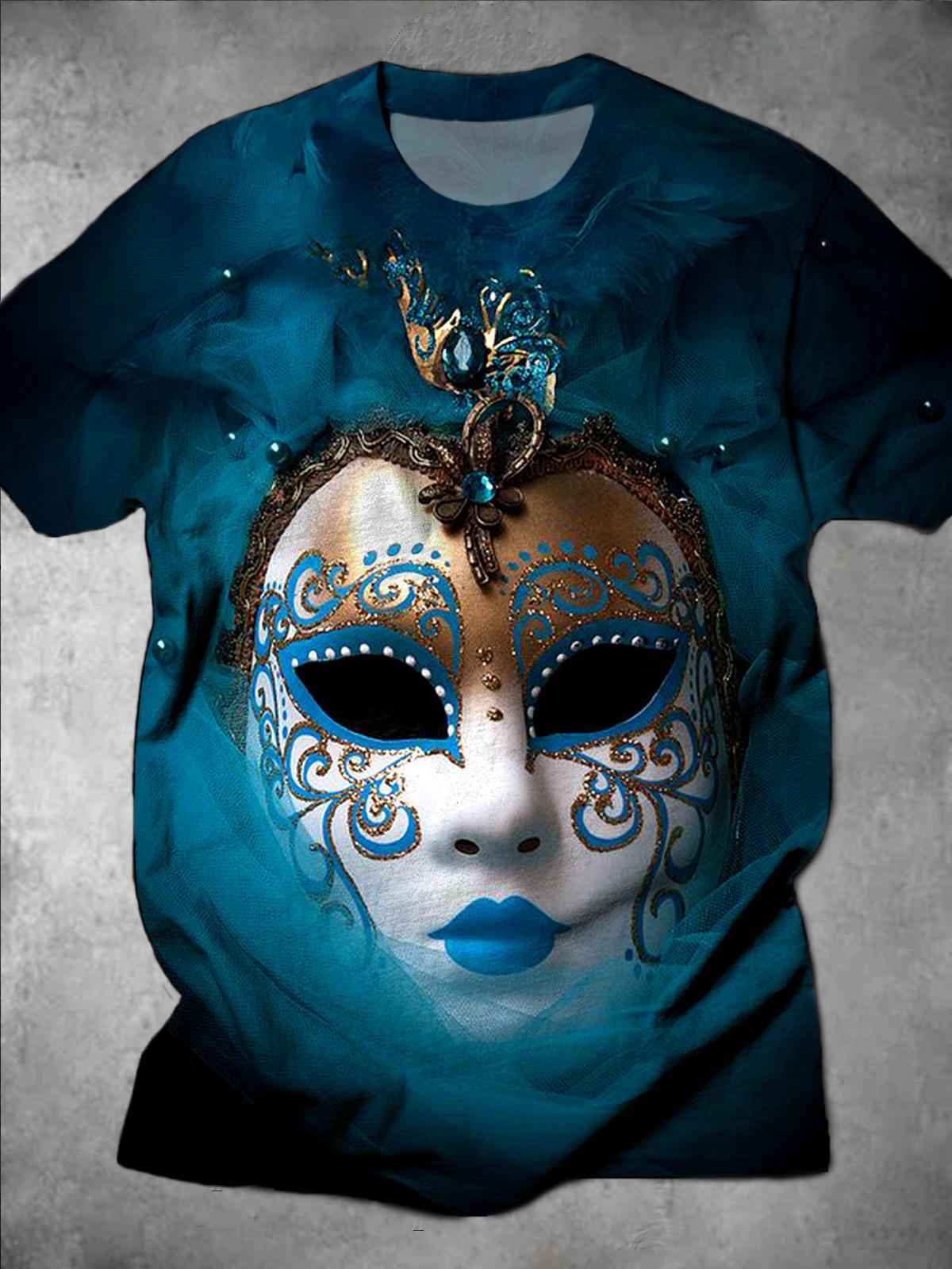 Carnival Mask Print Round Neck Short Sleeve Men's T-shirt