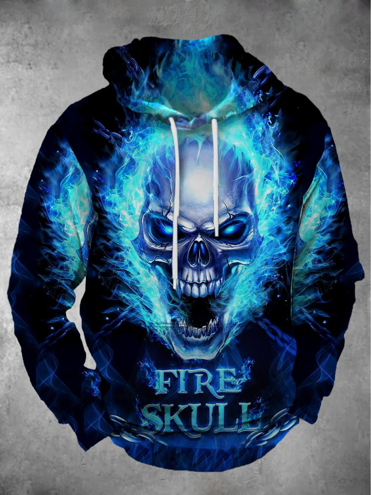 Fire Skull Long Sleeve Hooded Pocket Men's Top