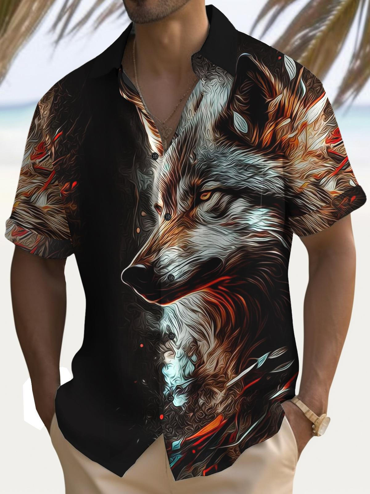 Animal Wolf Art Hawaiian Casual Retro Short Sleeve Men's Shirts With Pocket