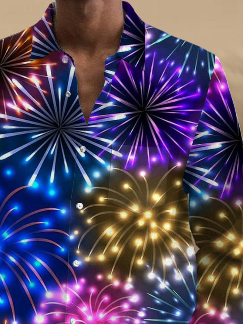 Fireworks New Year Print Long Sleeve Men's Shirts With Pocket