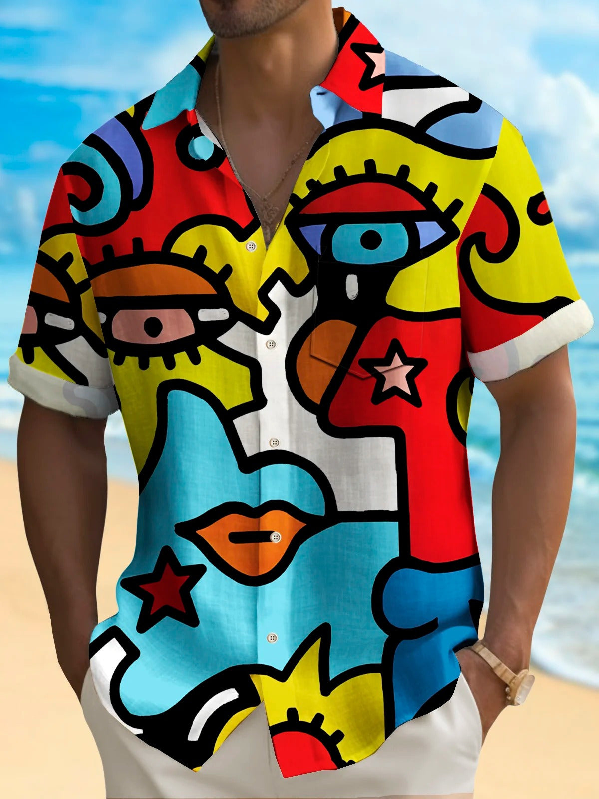 Abstract Face Print Short Sleeve Men's Shirts With Pocket