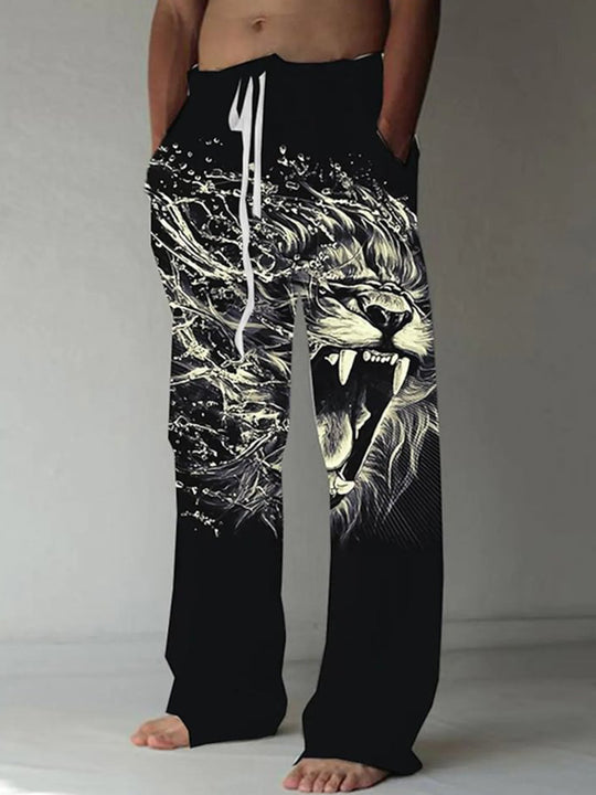 Men Abstract Animal Lion Graphic Print Casual Elastic Waist Pants Front View