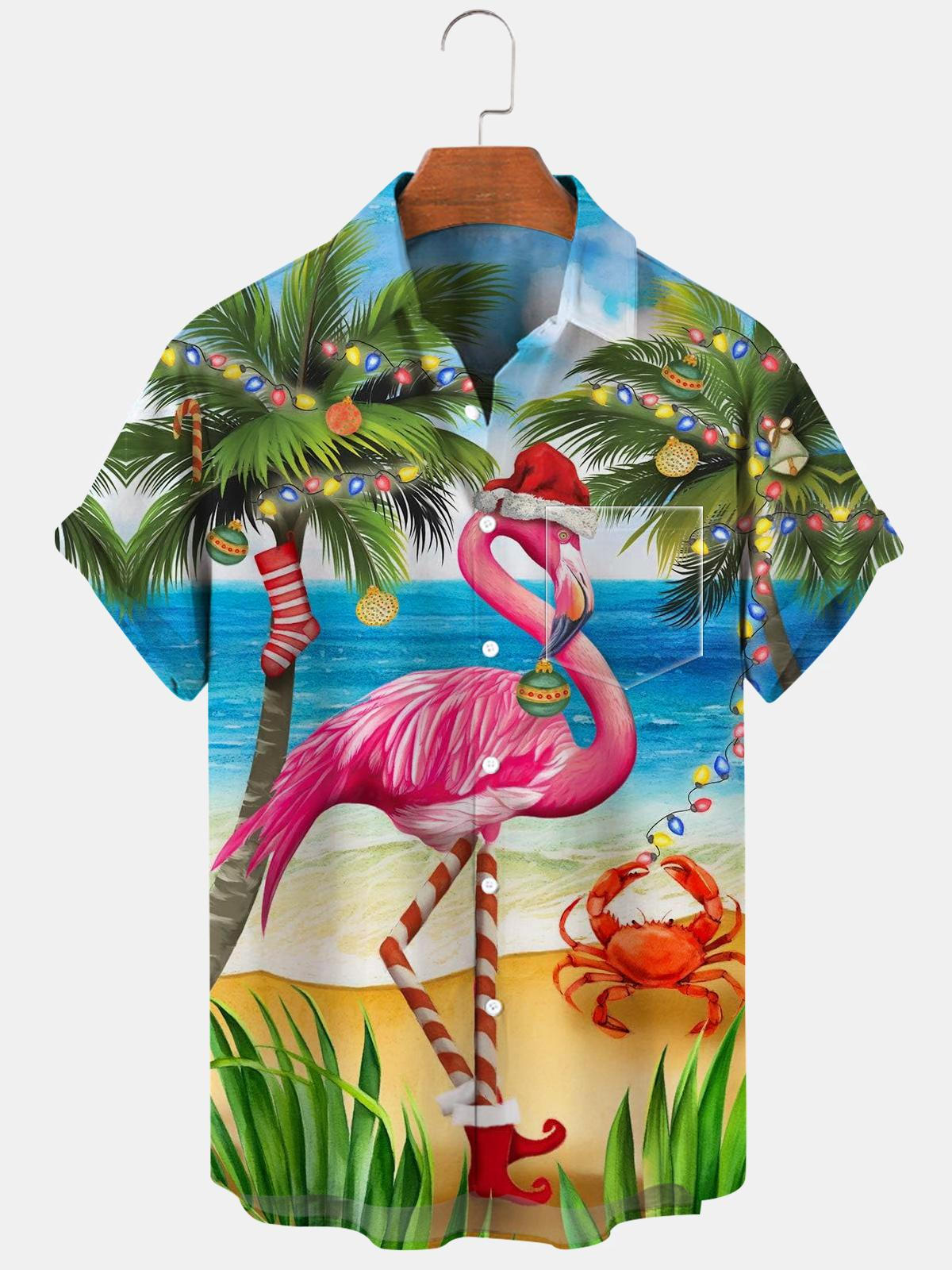 Christmas Flamingo Short Sleeve Men's Shirts With Pocket