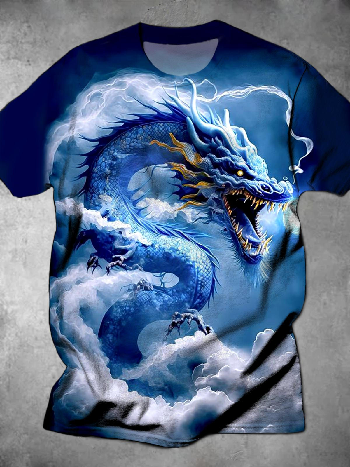 Dragon Print Round Neck Short Sleeve Men's T-shirt