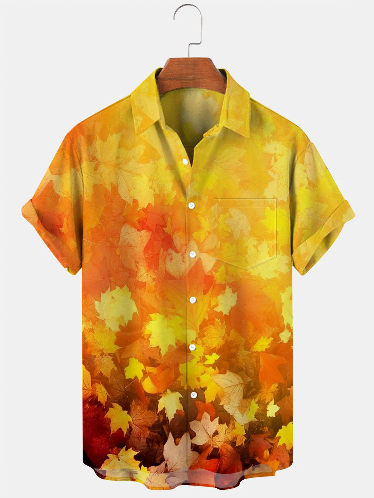 Autumn Maple Leaf Print Men's Shirts With Pocket