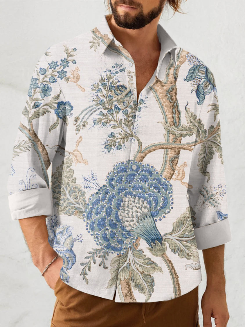 Botanical Floral Vintage Print Men's Long Sleeve Lapel Shirt