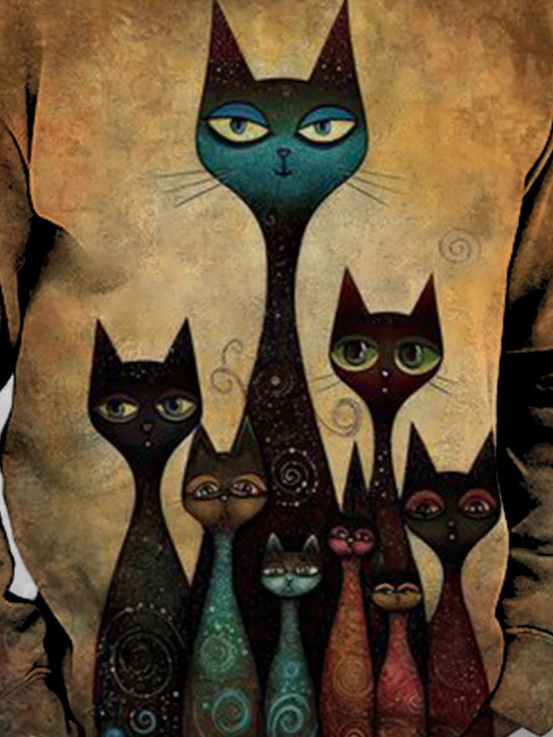 Vintage Cat Print Round Neck Long Sleeve Men's Top