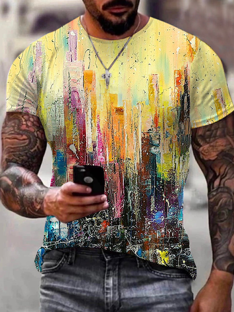 Gradient Print Art Hawaiian Casual Round Neck Short Sleeve Men's T-shirt