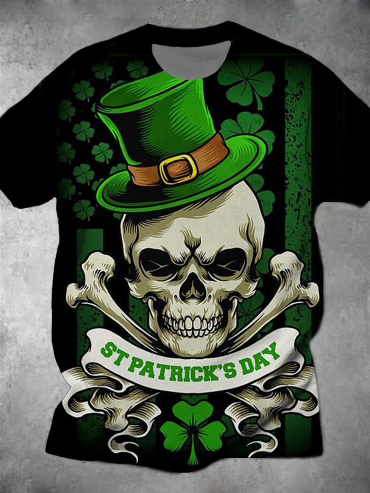 St. Patrick's Day Skull Print Round Neck Short Sleeve Men's T-shirt