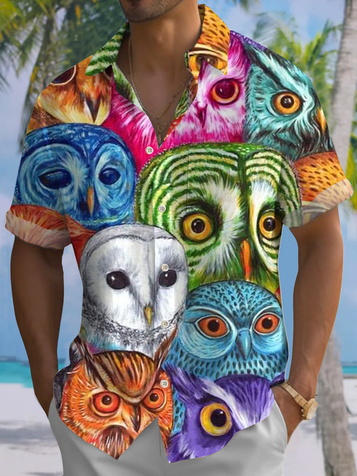 Owl Print Short Sleeve Men's Shirts With Pocket