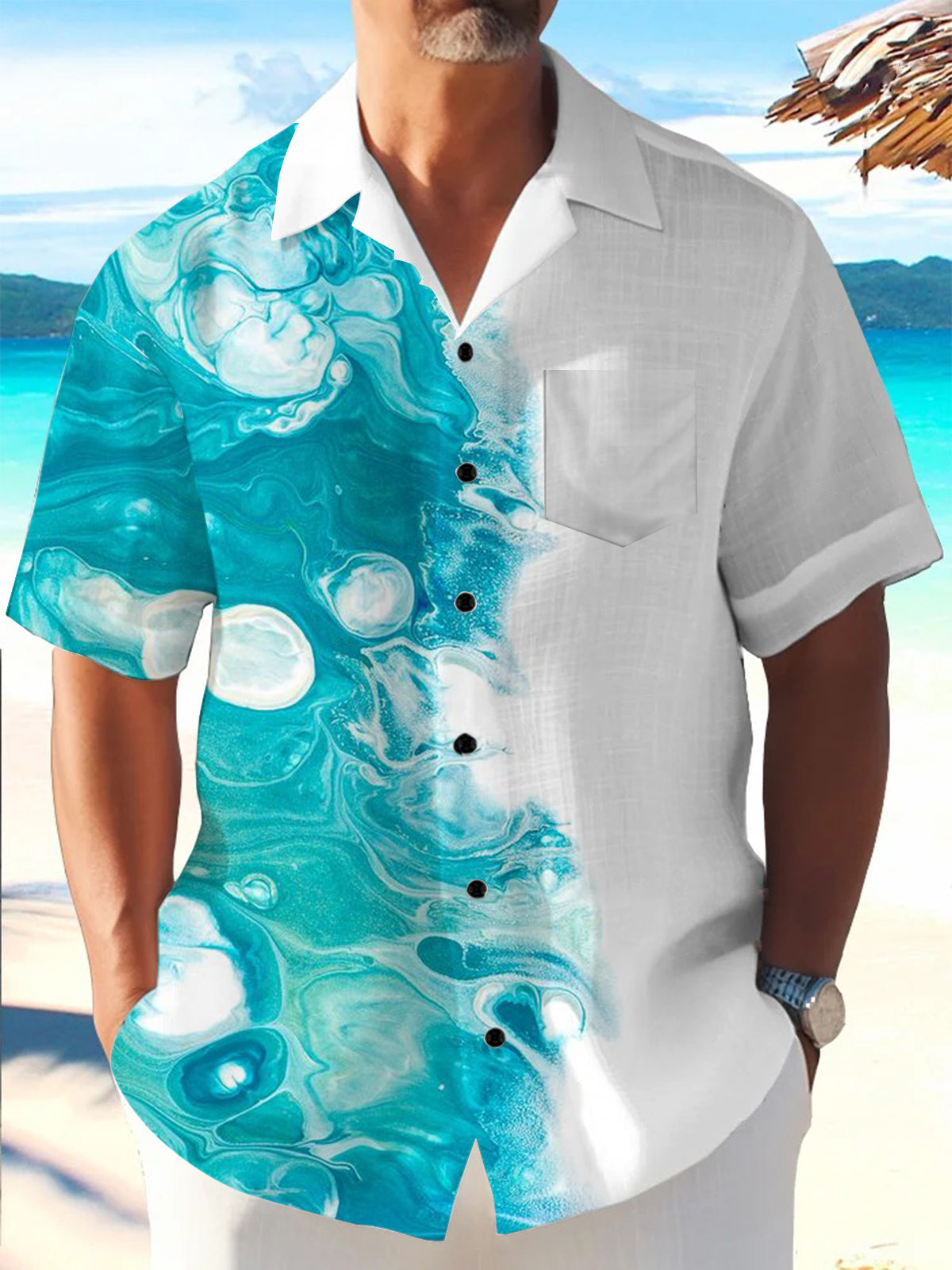 Abstract Print Men's Cuban Collar Short Sleeve Shirt With Pocket