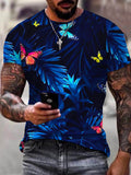 Butterfly Tropical Print Art Hawaiian Casual Retro Round Neck Short Sleeve Men's T-shirt