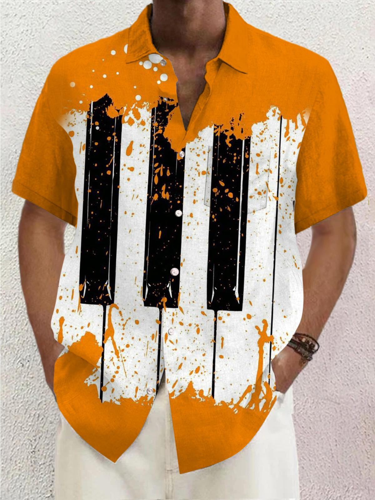 Abstract Piano Print Short Sleeve Men's Shirts With Pocket