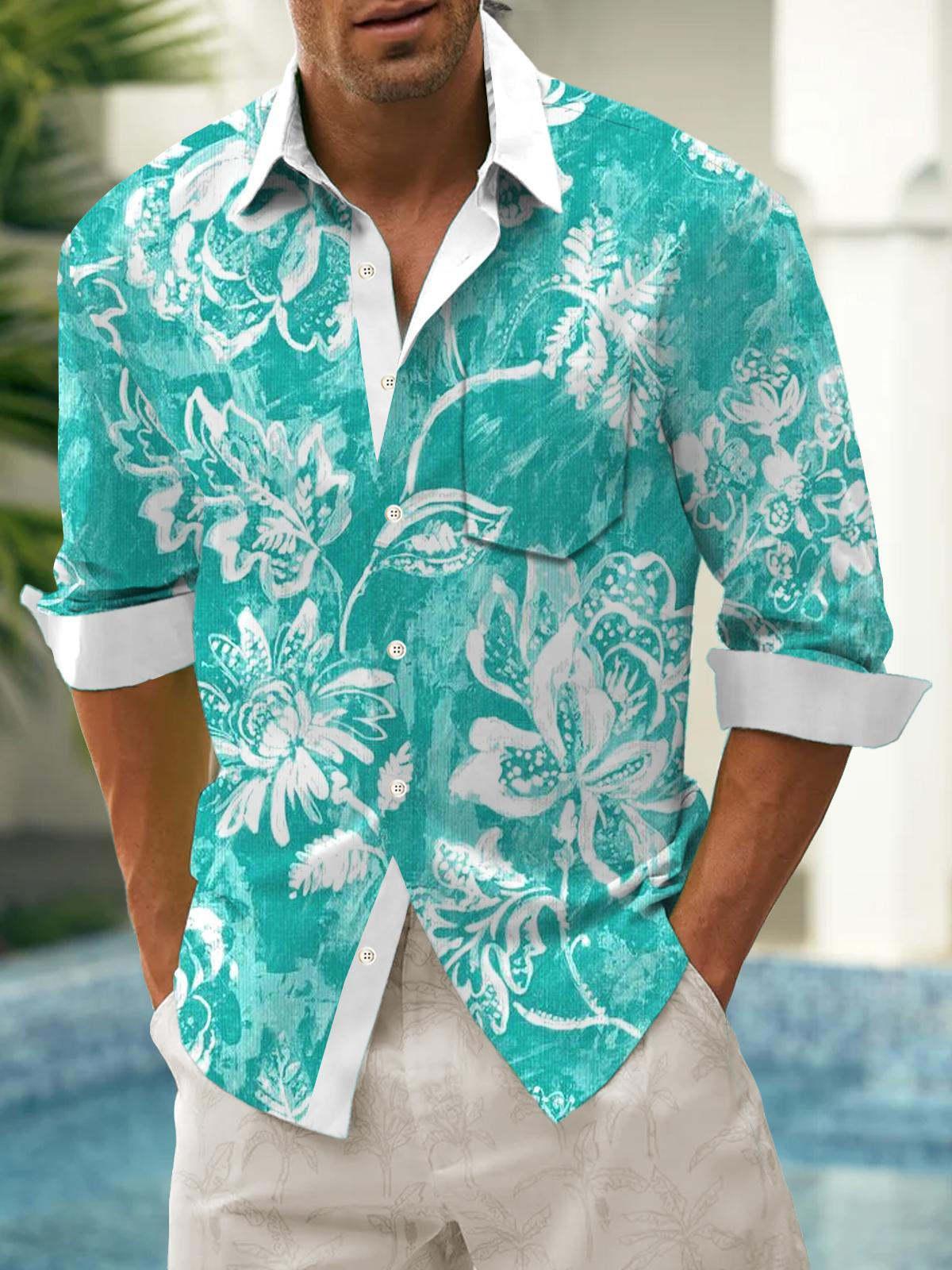 Art Hawaiian Casual Retro Long Sleeve Men's Shirts With Pocket