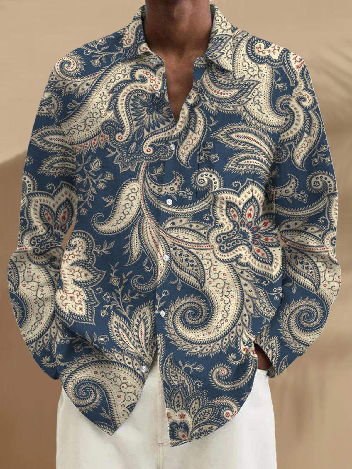 Paisley Print Long Sleeve Men's Shirts With Pocket