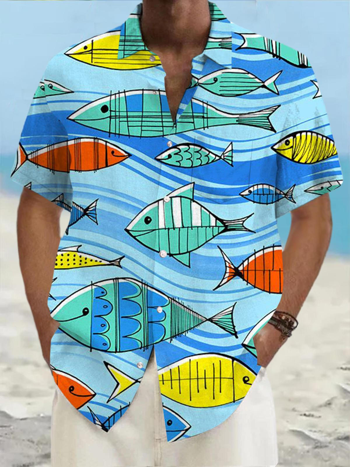 Marine Life Fish Print Short Sleeve Men's Shirts With Pocket