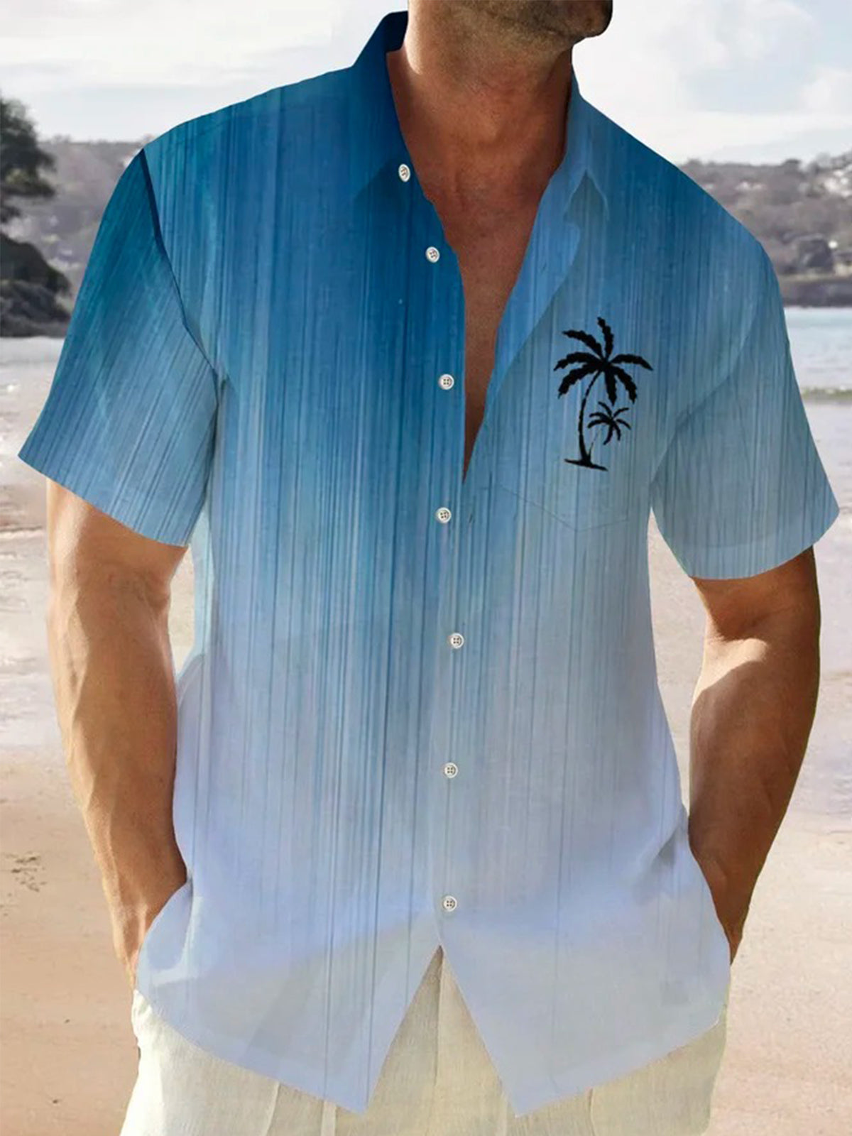 Hawaiian Gradient Coconut Tree Print Short Sleeve Men's Shirts With Pocket