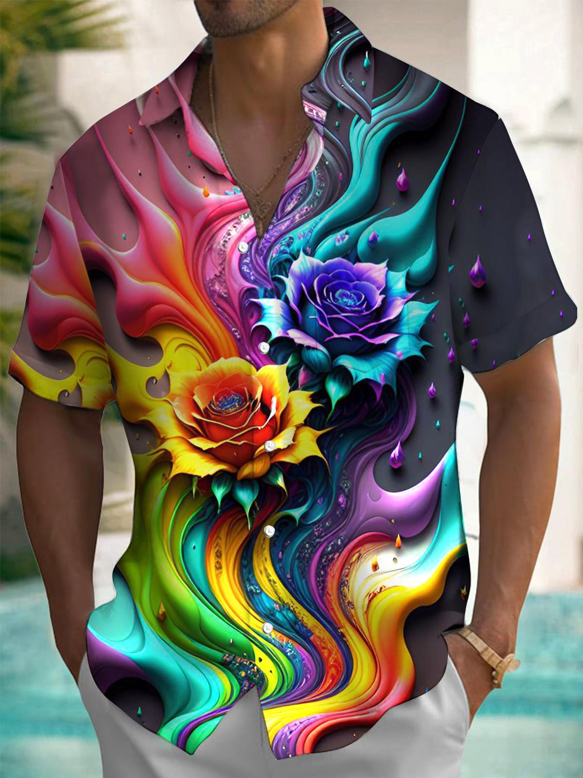 Floral Print Short Sleeve Men's Shirts With Pocket