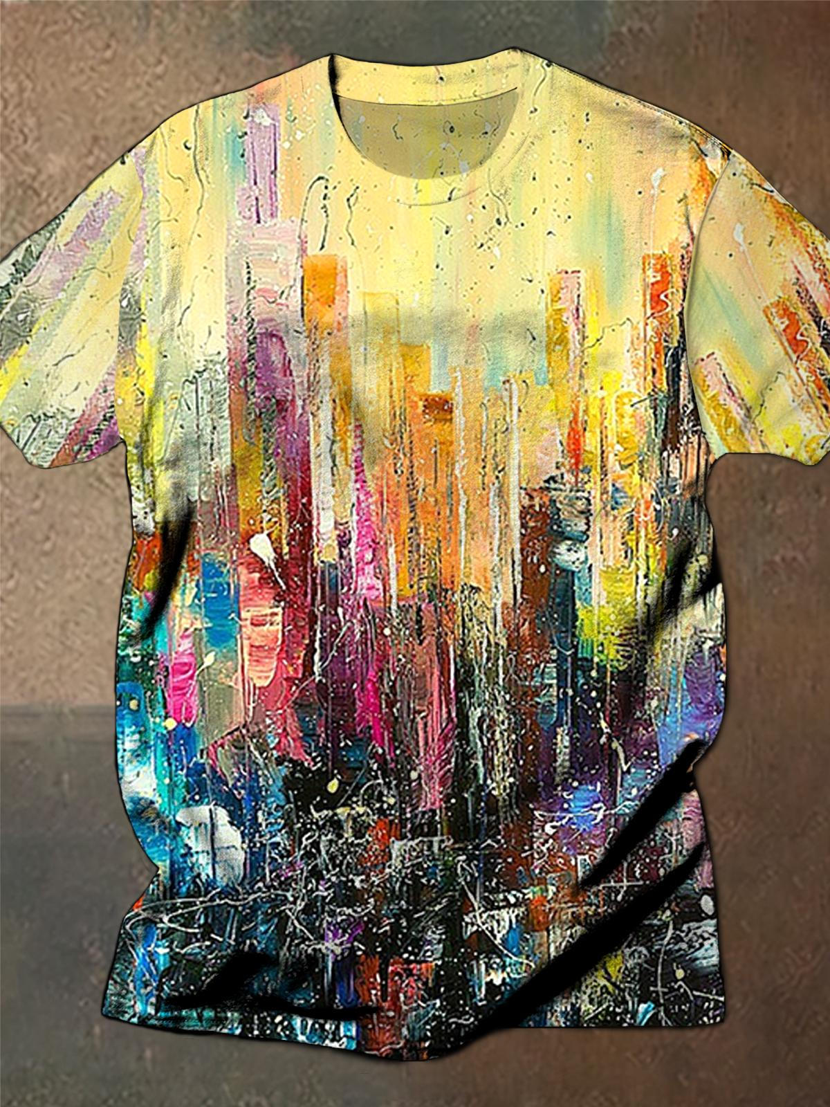 Gradient Print Art Hawaiian Casual Round Neck Short Sleeve Men's T-shirt