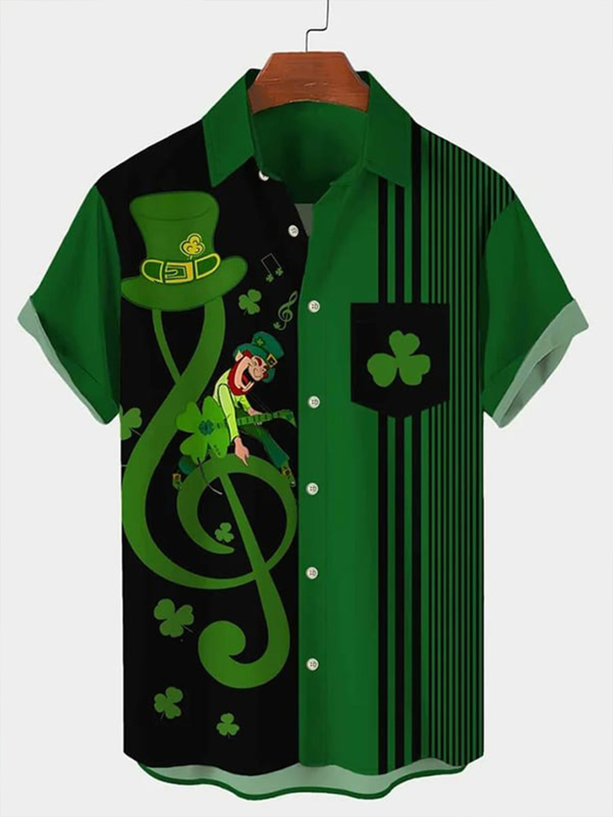 St.Patrick's Day stripe Lucky clover stripe Short Sleeve Men's Shirts With Pocket