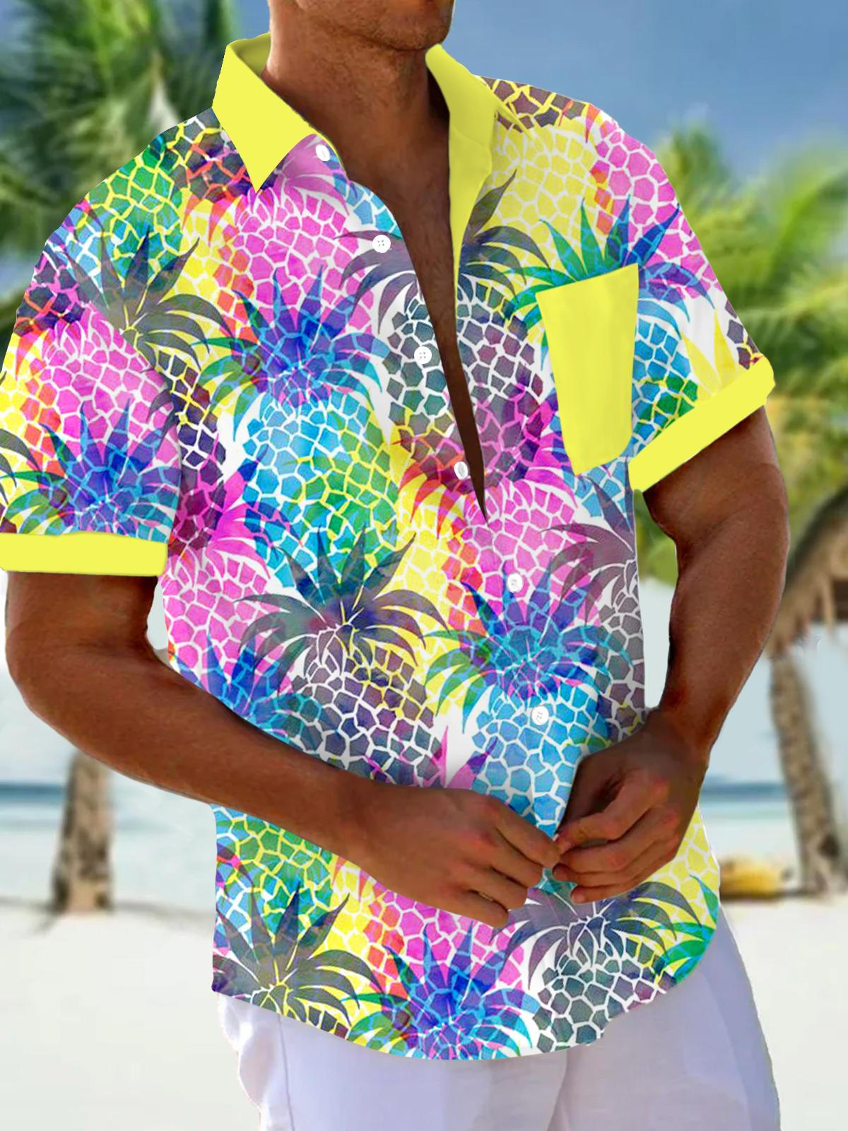 Pineapple Print Short Sleeve Men's Shirts With Pocket