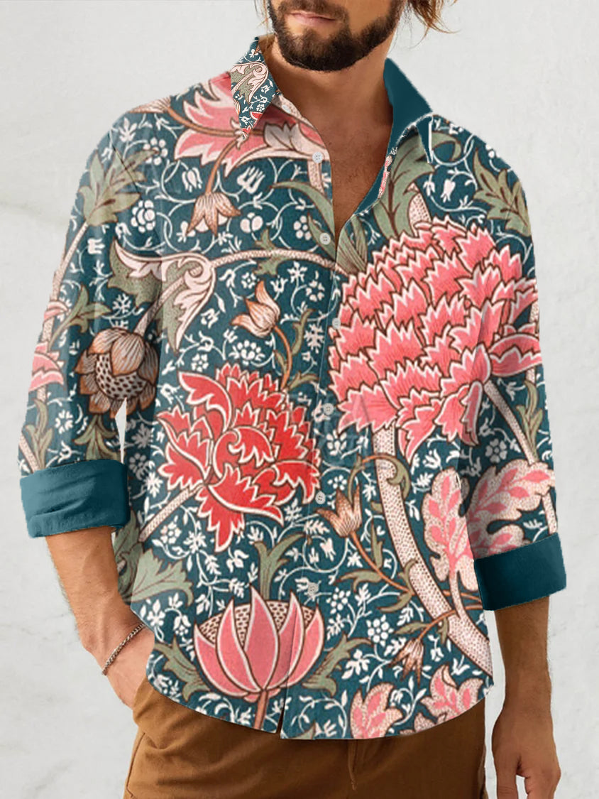 Botanical Floral Vintage Print Men's Lapel Shirt