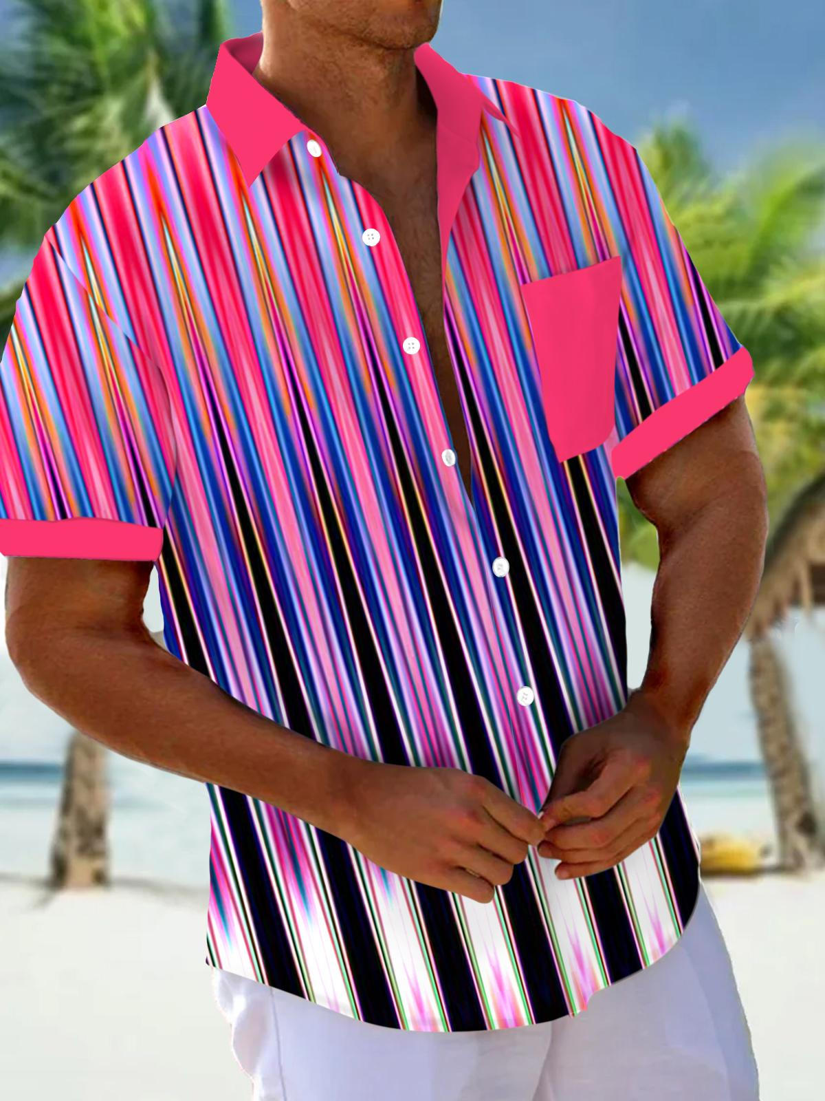 Striped Gradient Print Short Sleeve Men's Shirts With Pocket