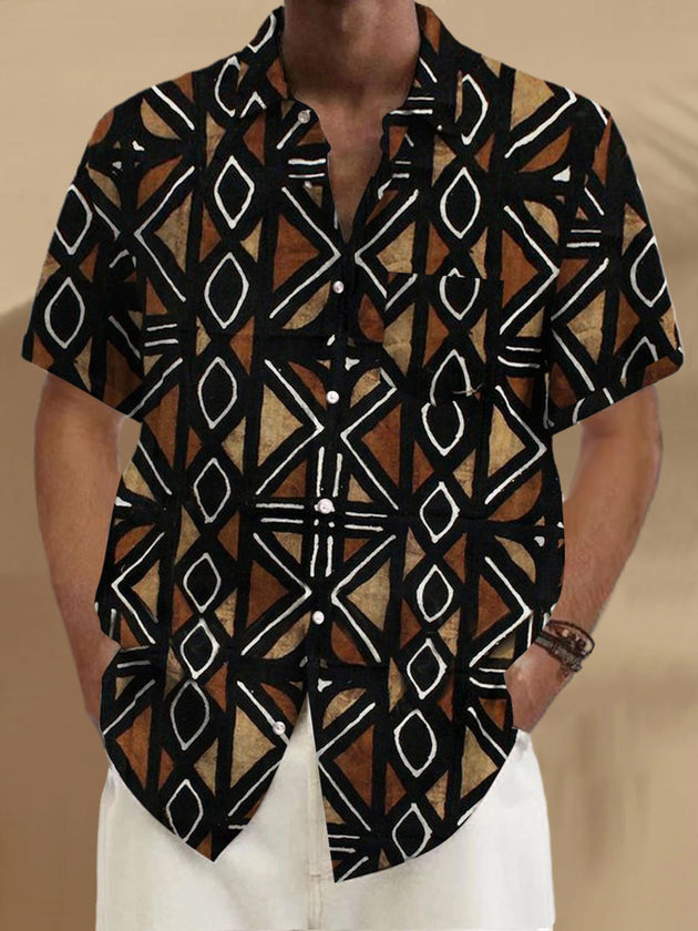 Men's short sleeve ethnic geometric print shirt front view