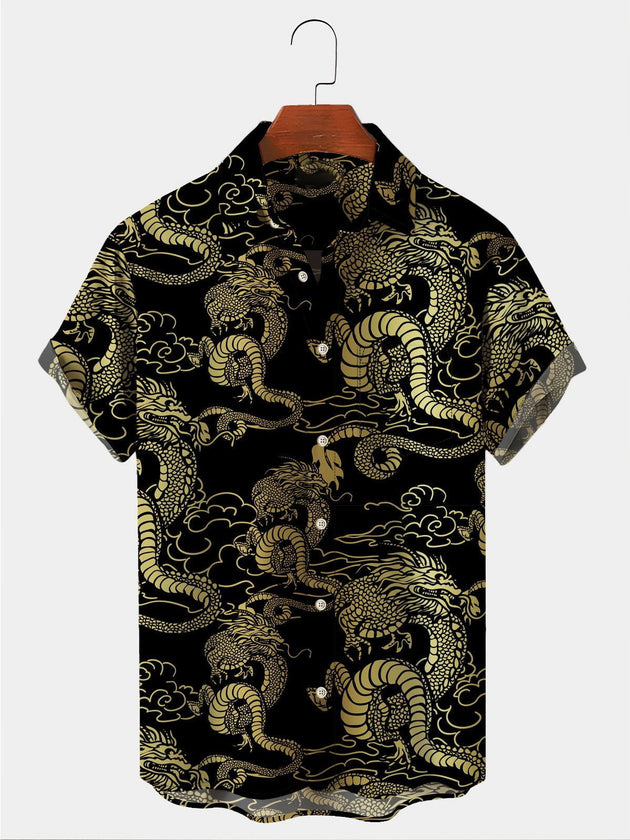 Men's vintage style dragon print Hawaiian short sleeve shirt front view for tropical beach vacation