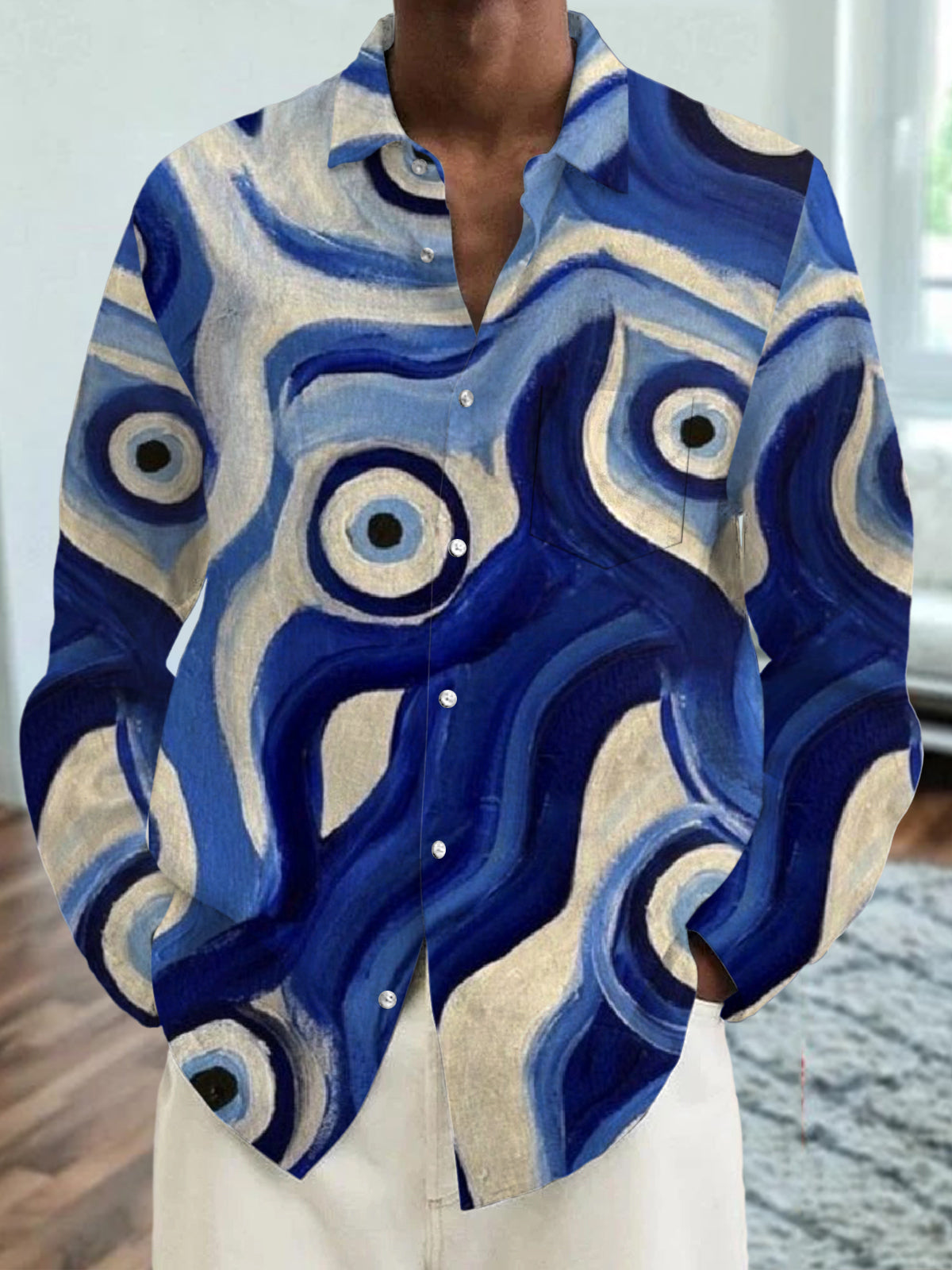 Abstract Geometric Print Long Sleeve Men's Shirts With Pocket