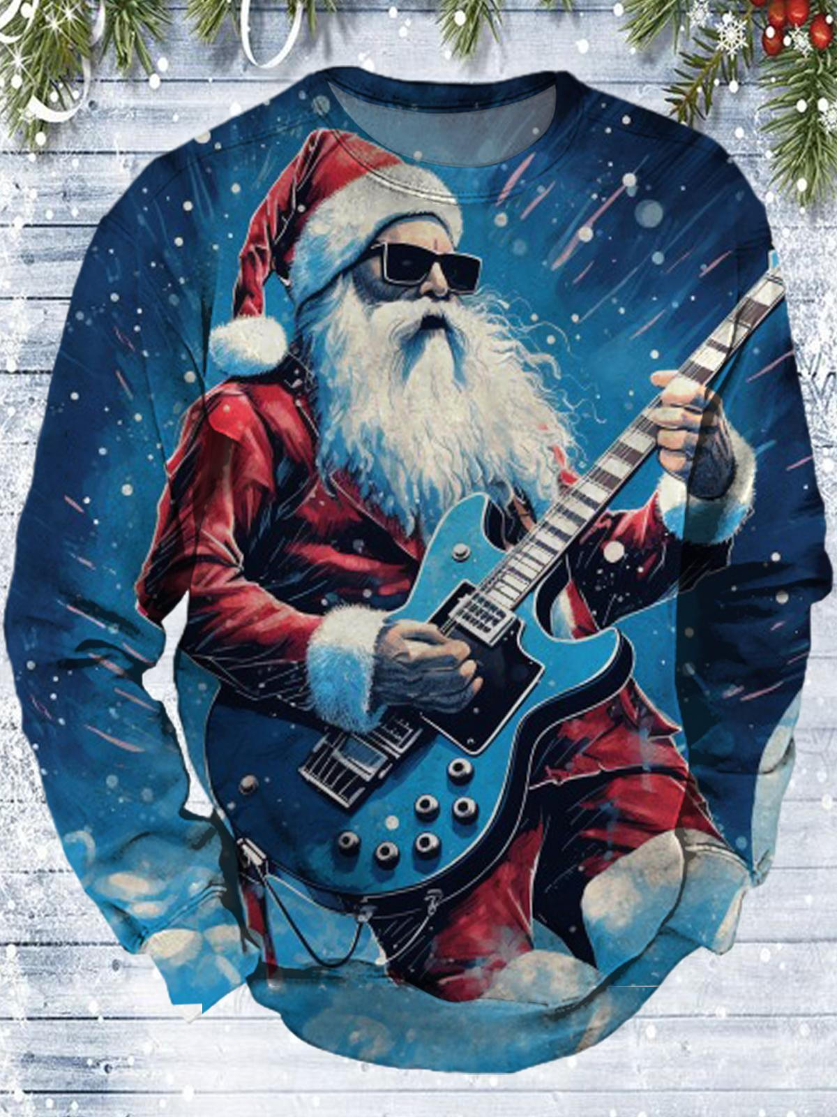 Santa Claus Playing Guitar Round Neck Long Sleeve Men's Top