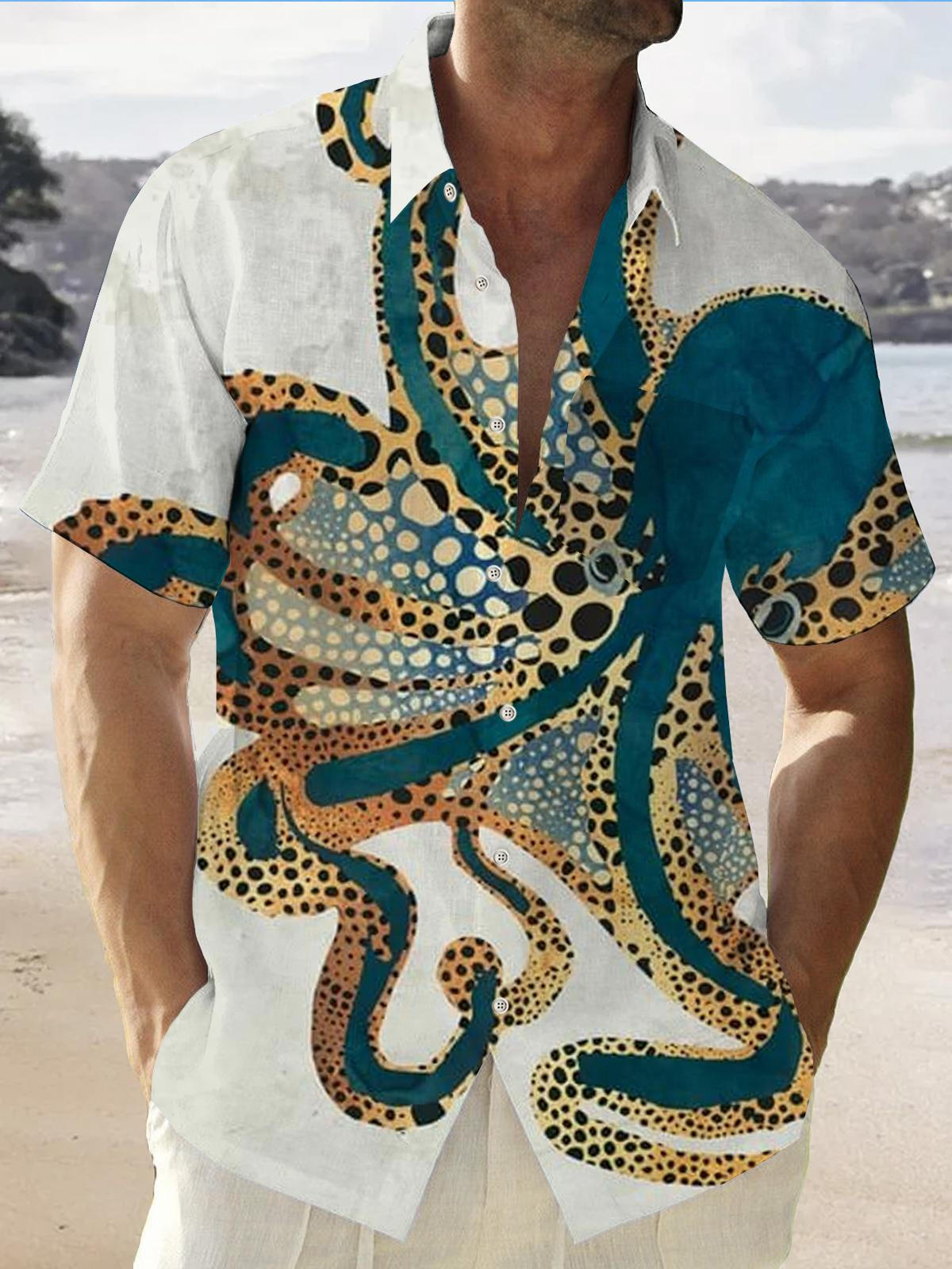 Octopus Ocean Hawaiian Short Sleeve Men's Shirts With Pocket