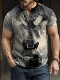 Music Guitar Print Short Sleeve Button Men's T-shirt