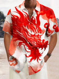 Vintage Dragon Print Short Sleeve Men's Shirts With Pocket