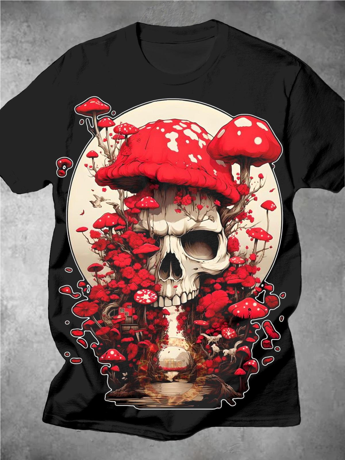 Skull Mushroom Round Neck Short Sleeve Men's T-shirt