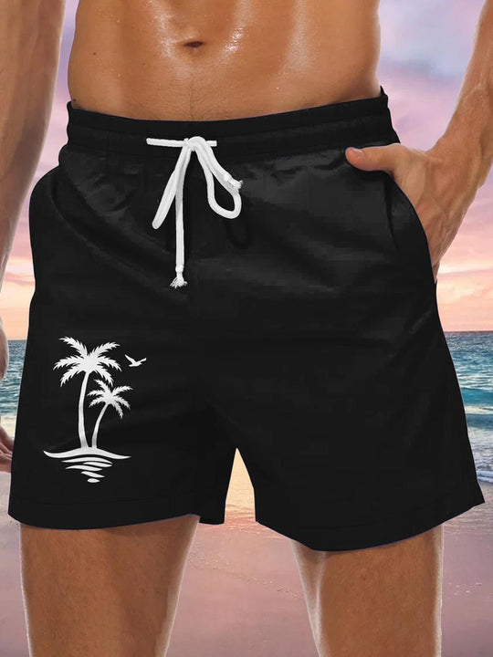 Men's Hawaiian print coconut tree casual shorts front view for tropical beach vacation