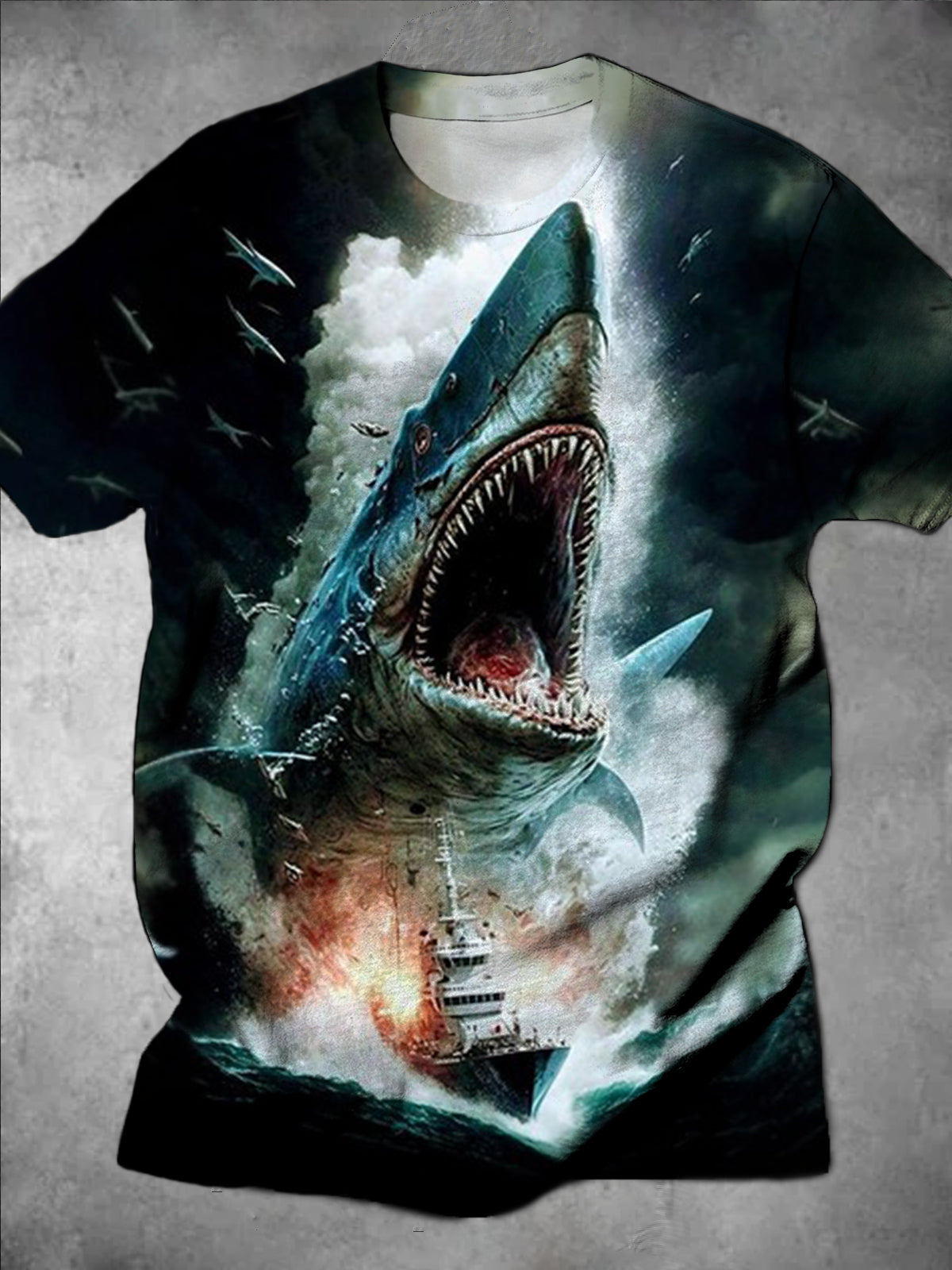 Shark Ship Print Round Neck Short Sleeve Men's T-shirt