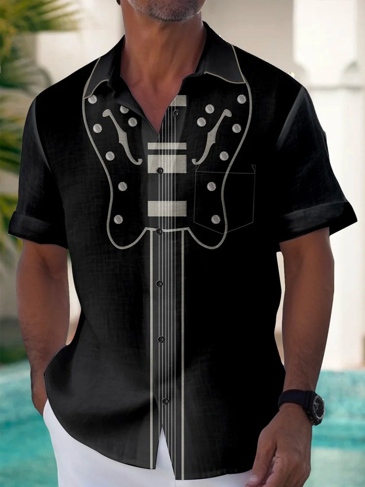 Musical Guitar Print Short Sleeve Men's Shirts With Pocket