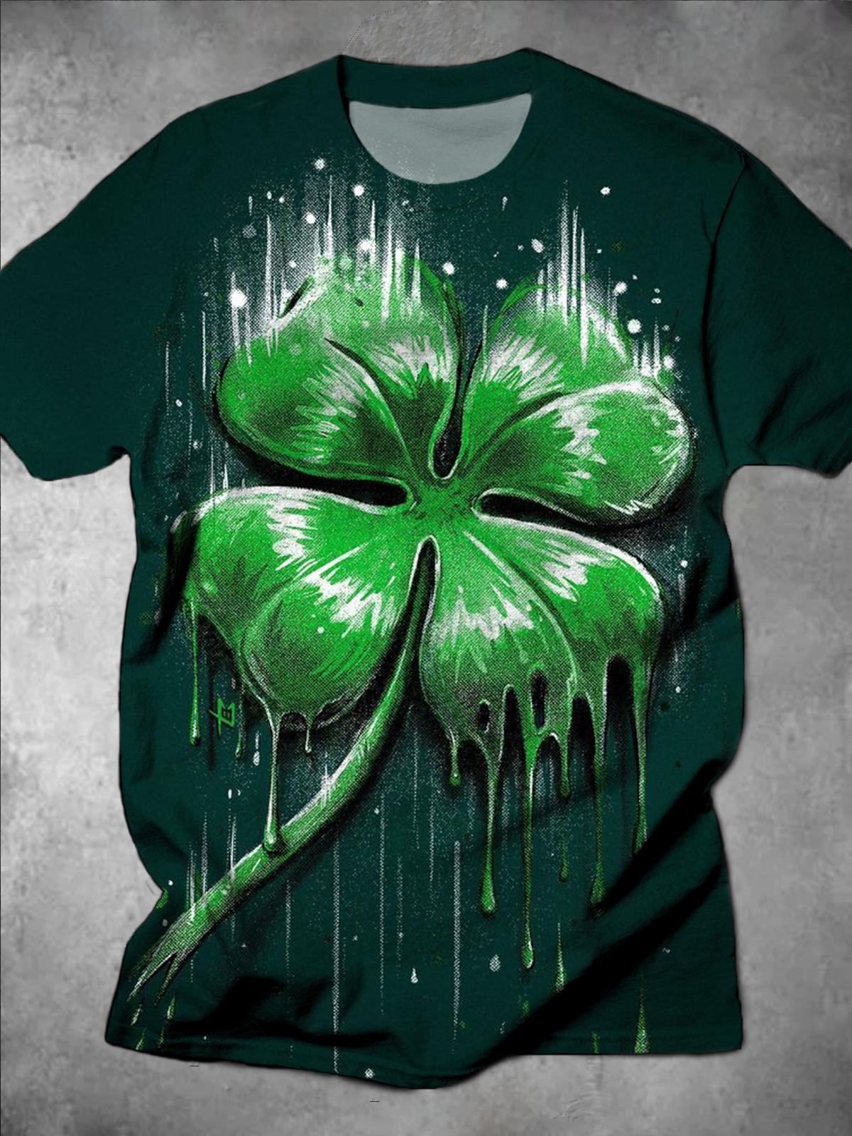 St. Patrick's Day Four Leaf Clover Print Round Neck Short Sleeve Men's T-shirt