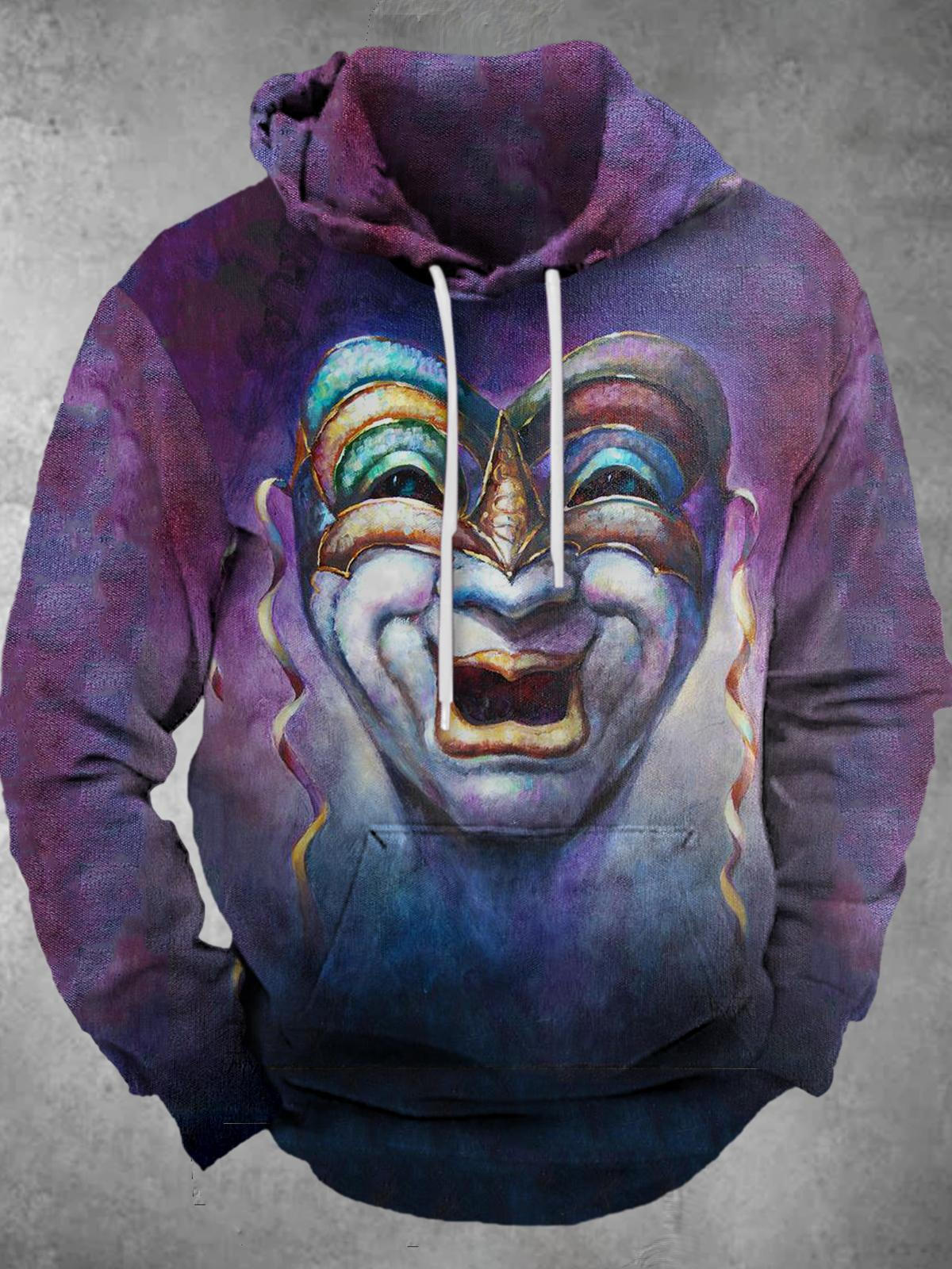 Carnival Mask Print Long Sleeve Hooded Pocket Men's Top