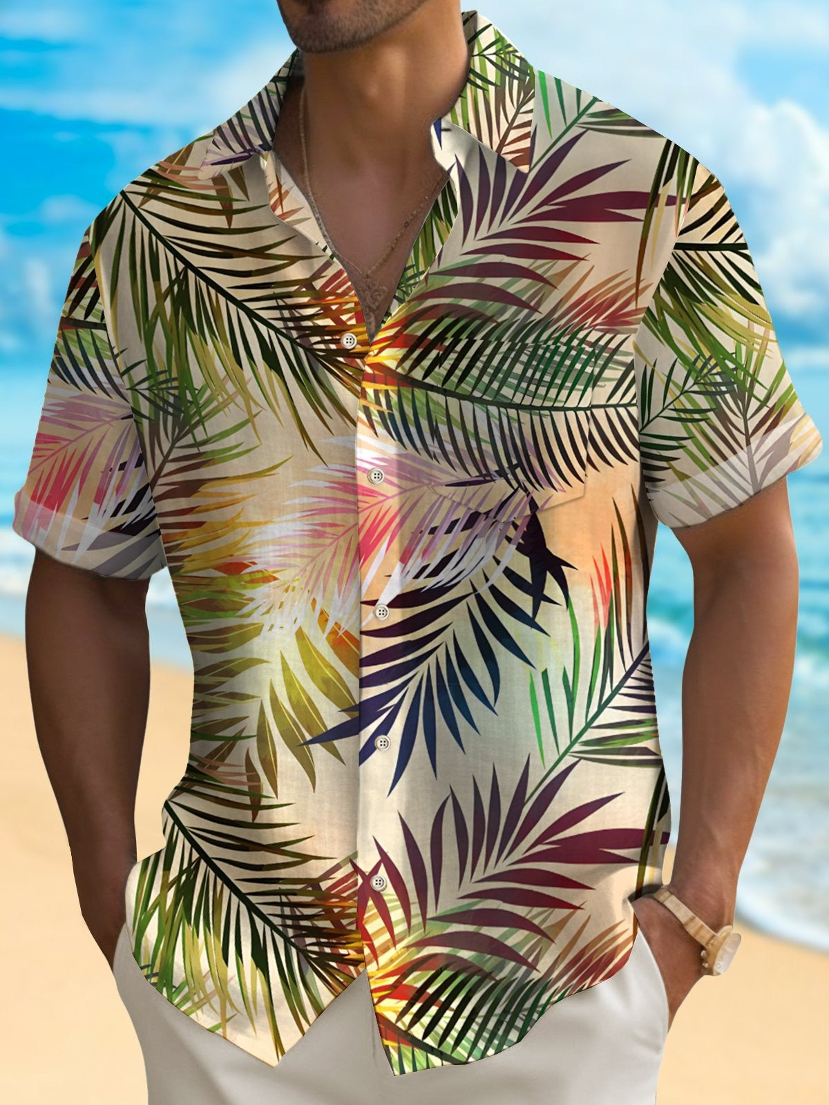 Hawaiian Leaf Print Short Sleeve Men's Shirts With Pocket – adaychic