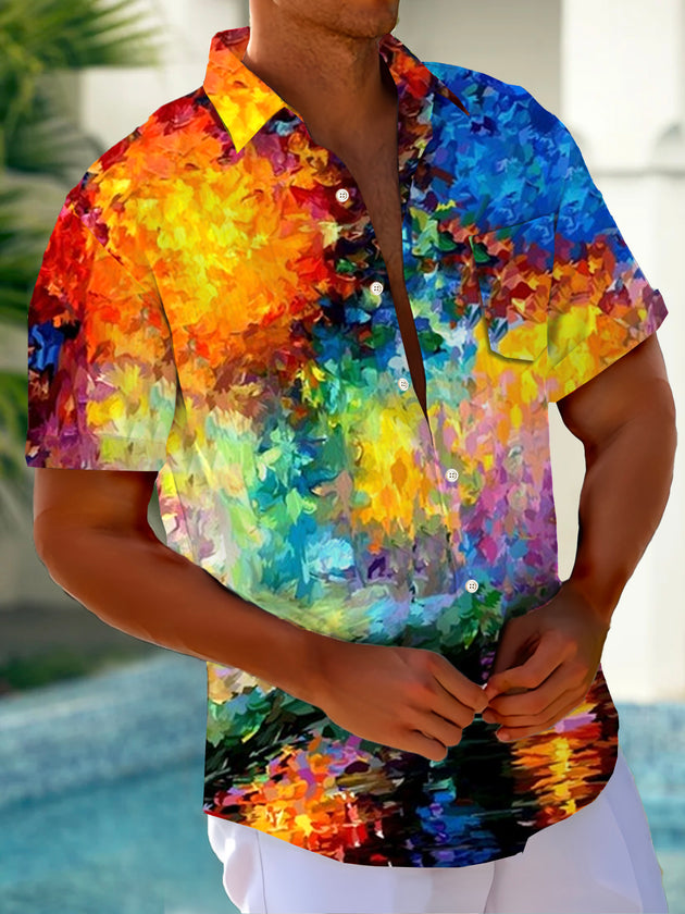 Men's short sleeve Hawaiian shirt with retro print front view for tropical beach vacation