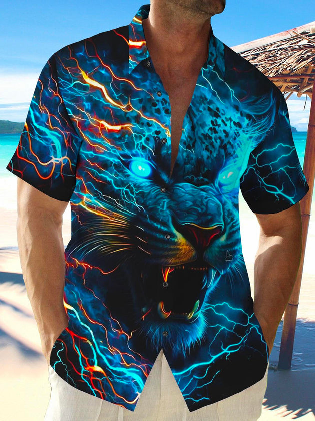 Men's casual retro Hawaiian short sleeve shirt front view for tropical beach vacation