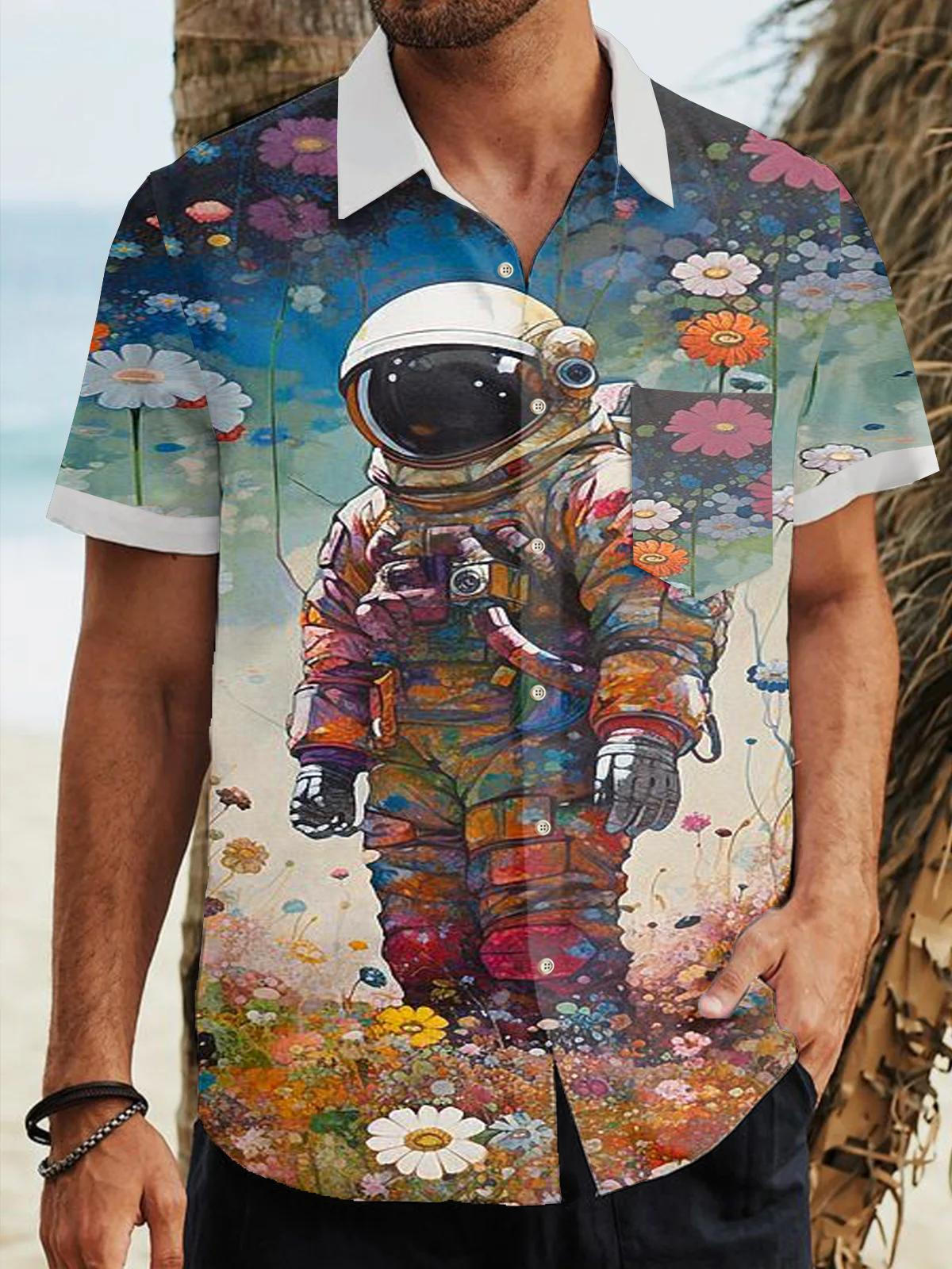 Oil Painting Flower Astronaut Men's Short Sleeve Lapel Shirt